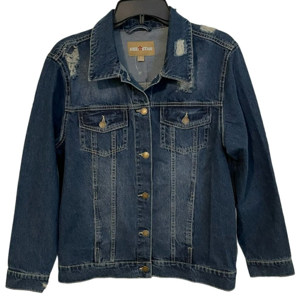 RED STAR distressed jean jacket medium blue size M NWT